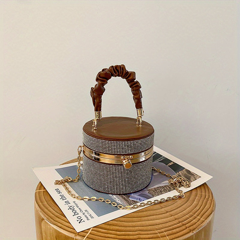 Mini Rhinestone Evening Bag - Ruched Bucket Purse with Chain Strap