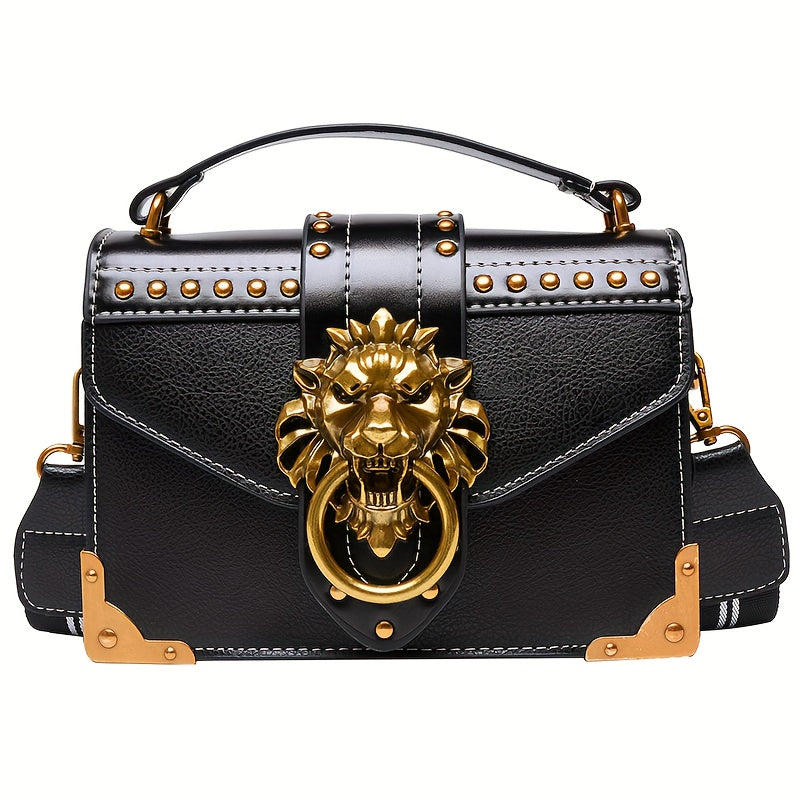 Mini Lion Head Crossbody Bag - Vintage PU Leather Shoulder Bag