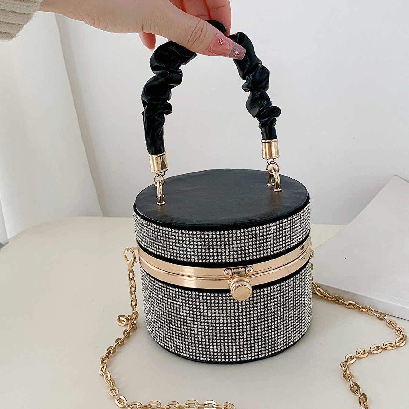 Mini Rhinestone Evening Bag - Ruched Bucket Purse with Chain Strap