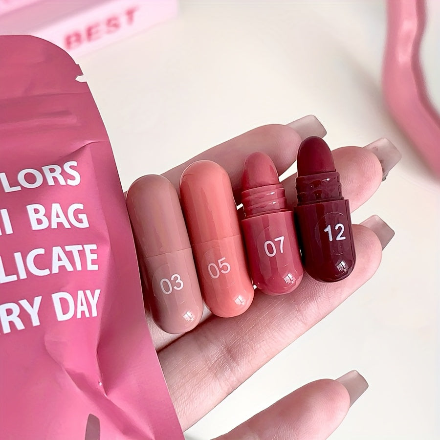 Mini Capsule Lipstick Set - 12 Soft Matte Colours in Pink, Red & Brown