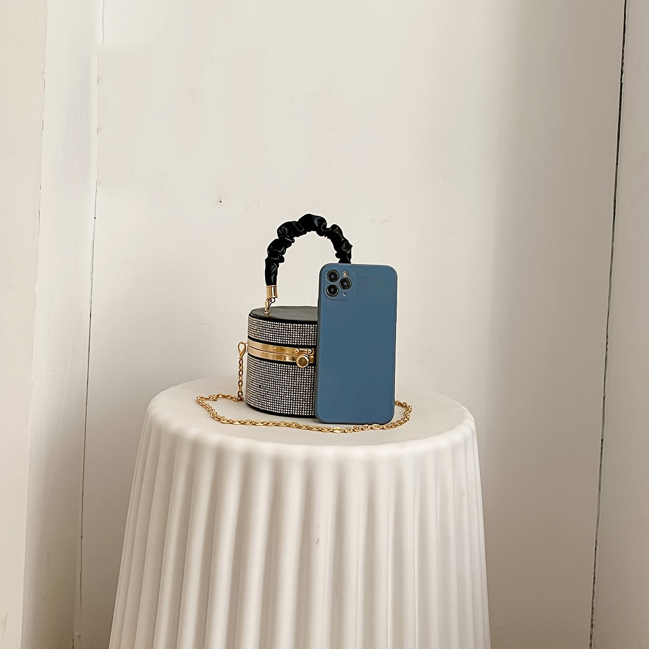 Mini Rhinestone Evening Bag - Ruched Bucket Purse with Chain Strap