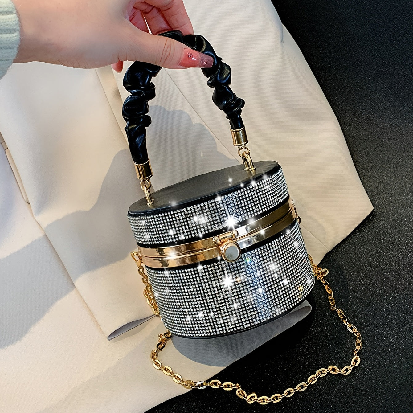 Mini Rhinestone Evening Bag - Ruched Bucket Purse with Chain Strap