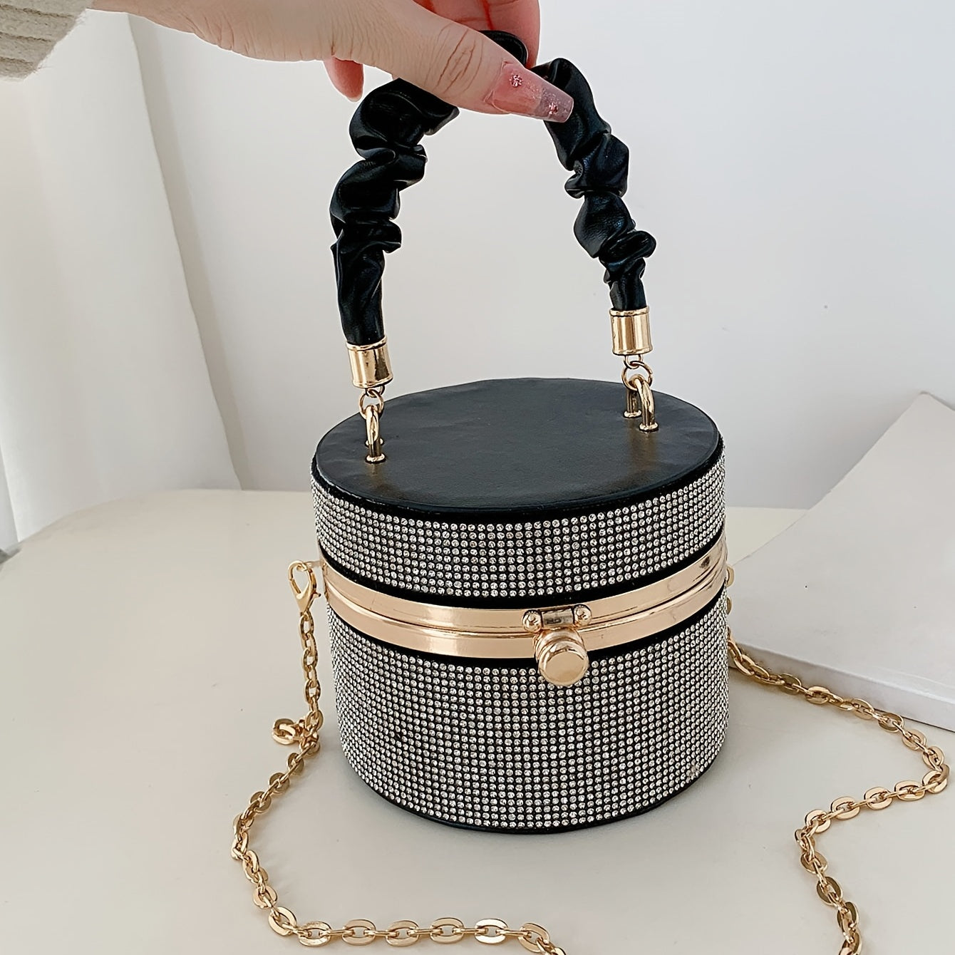 Mini Rhinestone Evening Bag - Ruched Bucket Purse with Chain Strap