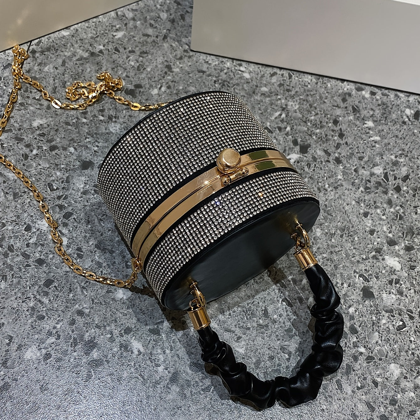 Mini Rhinestone Evening Bag - Ruched Bucket Purse with Chain Strap
