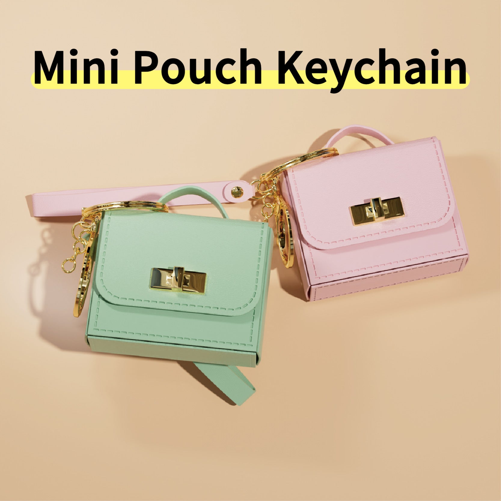 Mini Keychain Coin Purse - Faux Leather Charm Mini Bag with Handle