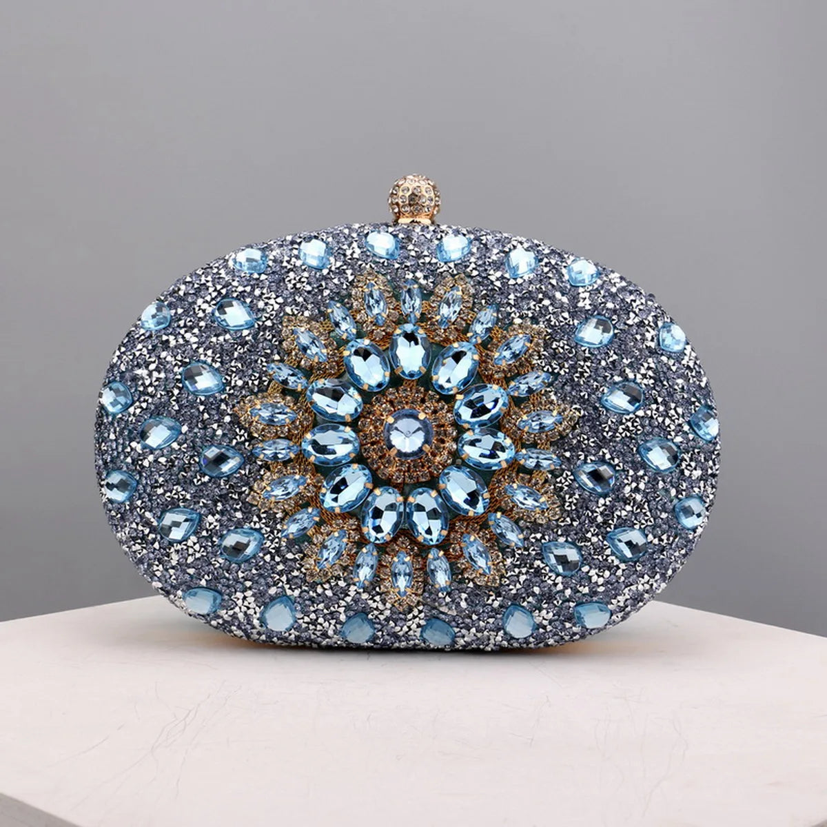 Flower Rhinestone Oval Clutch Purse – Sparkling Acrylic Evening Bag with Detatchable Chain