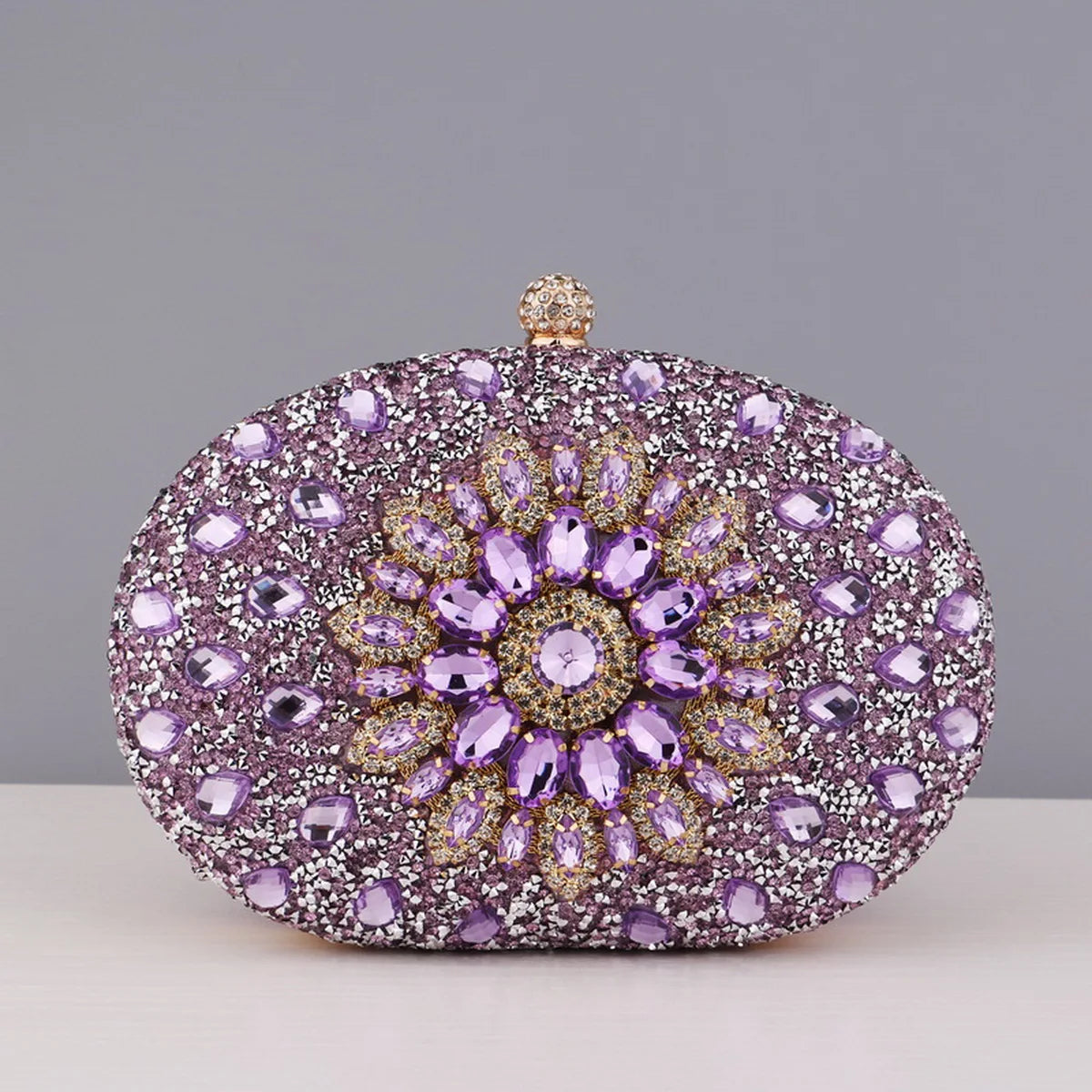 Flower Rhinestone Oval Clutch Purse – Sparkling Acrylic Evening Bag with Detatchable Chain
