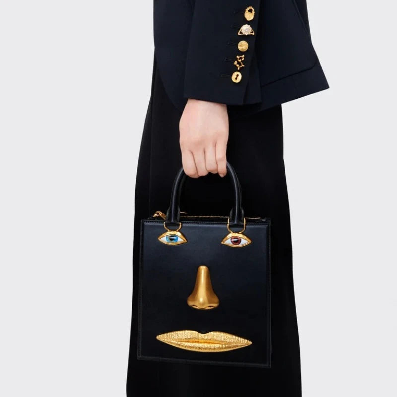 Mini Face Bag – Genuine Black Leather Crossbody with Gold‑Tone Jewellery Details