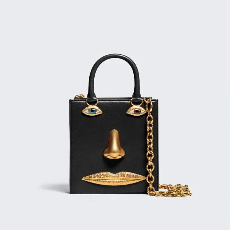 Mini Face Bag – Genuine Black Leather Crossbody with Gold‑Tone Jewellery Details