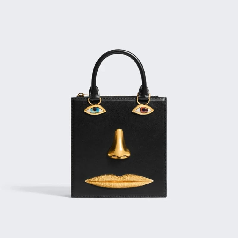 Mini Face Bag – Genuine Black Leather Crossbody with Gold‑Tone Jewellery Details