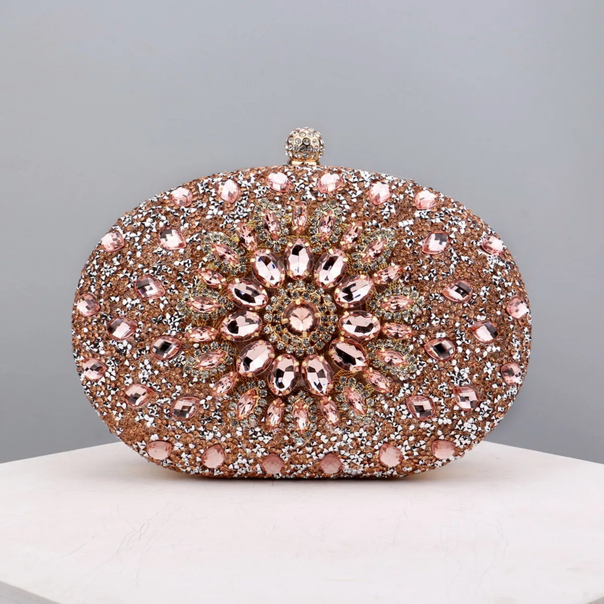 Flower Rhinestone Oval Clutch Purse – Sparkling Acrylic Evening Bag with Detatchable Chain