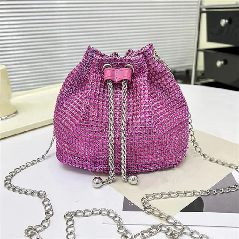 Sparkling Rhinestone Drawstring Bucket Bag – Multi‑Functional Crossbody with Detachable Chain