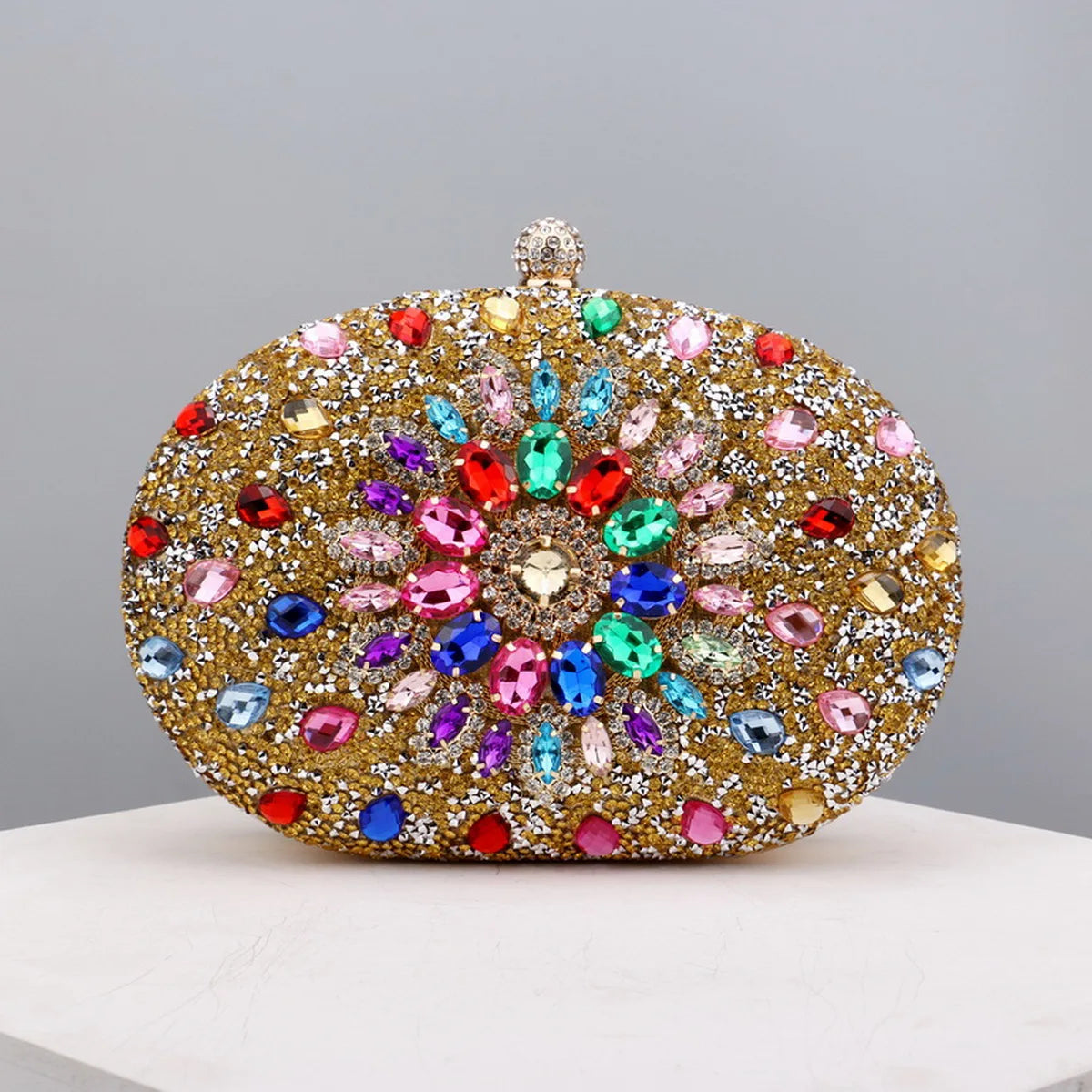 Flower Rhinestone Oval Clutch Purse – Sparkling Acrylic Evening Bag with Detatchable Chain