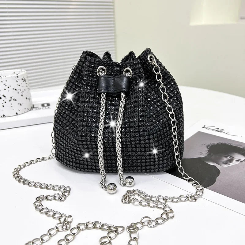 Sparkling Rhinestone Drawstring Bucket Bag – Multi‑Functional Crossbody with Detachable Chain