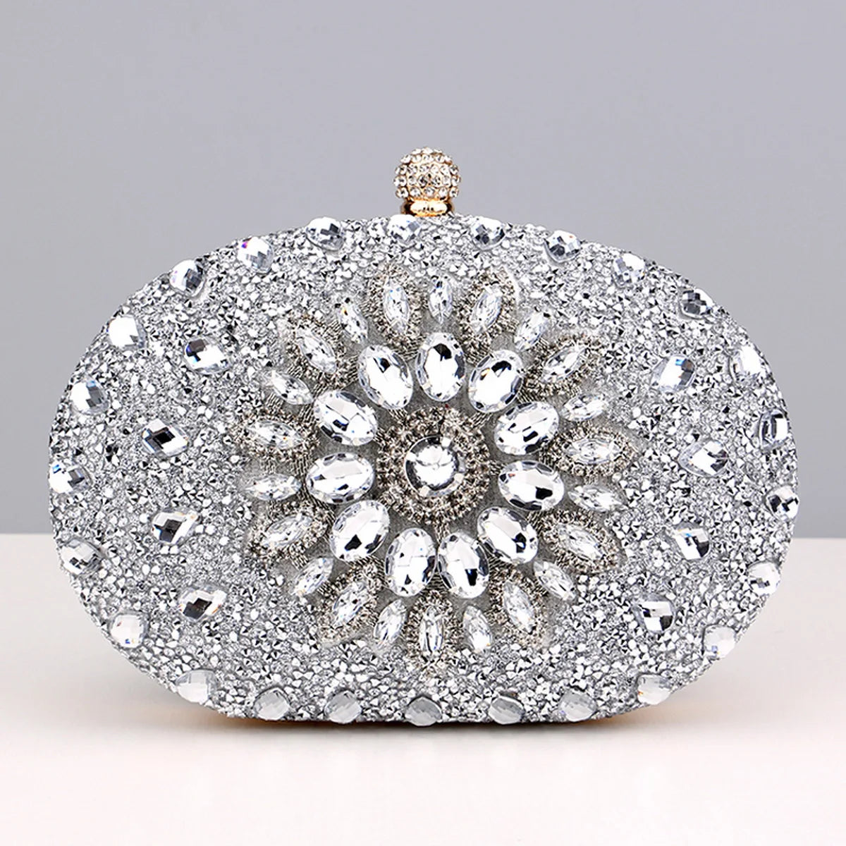 Flower Rhinestone Oval Clutch Purse – Sparkling Acrylic Evening Bag with Detatchable Chain