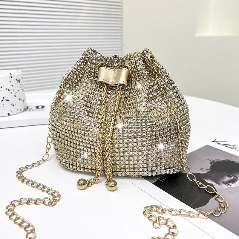 Sparkling Rhinestone Drawstring Bucket Bag – Multi‑Functional Crossbody with Detachable Chain