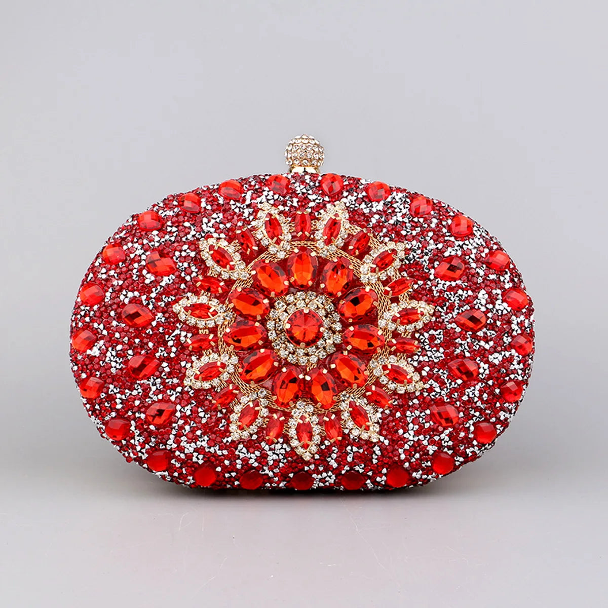 Flower Rhinestone Oval Clutch Purse – Sparkling Acrylic Evening Bag with Detatchable Chain
