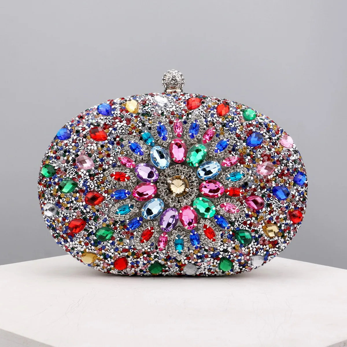 Flower Rhinestone Oval Clutch Purse – Sparkling Acrylic Evening Bag with Detatchable Chain