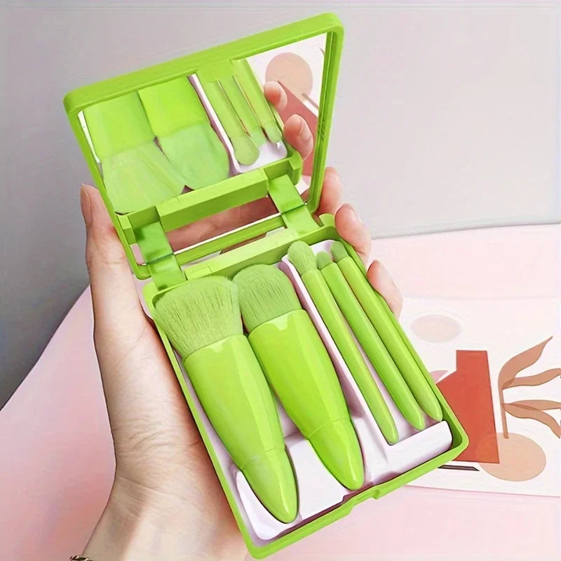 5Pcs Portable Mini Makeup Brush Set With Mirror Foldable Travel Cosmetic Brush Kit for Daily Makeup & Travel Use