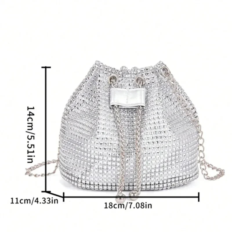 Sparkling Rhinestone Drawstring Bucket Bag – Multi‑Functional Crossbody with Detachable Chain