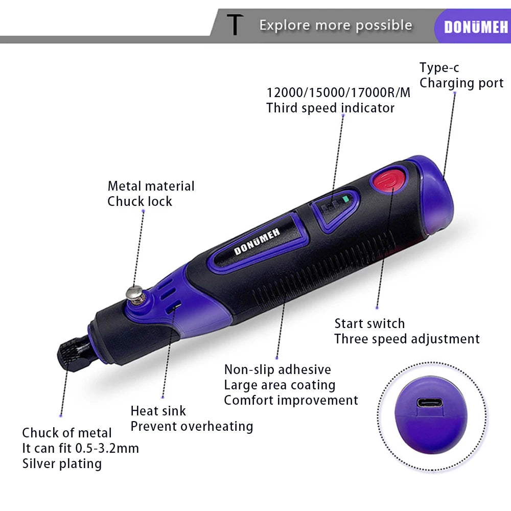 Mini USB Electric Drill - 3-Speed Rotary Tool with Engraving Pen & Accessories