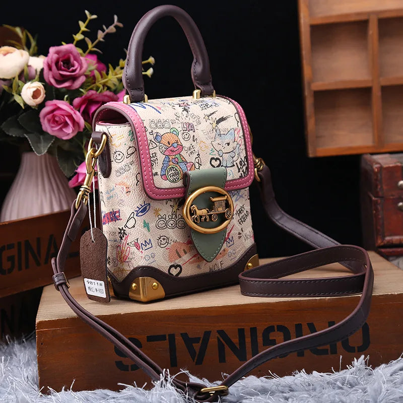 Graffiti Print Top Handle Bag - Crossbody Shoulder Bag