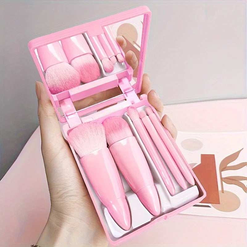 5-Piece Portable Mini Makeup Brush Set with Mirror - Foldable Travel Kit