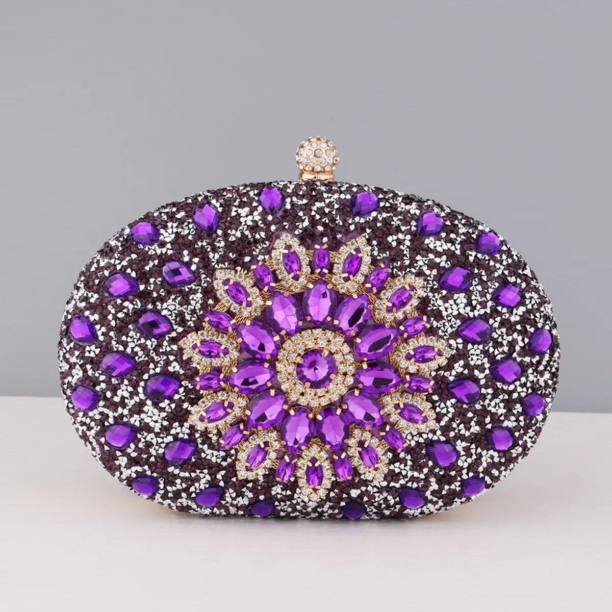 Flower Rhinestone Oval Clutch Purse – Sparkling Acrylic Evening Bag with Detatchable Chain