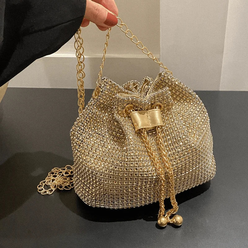 Sparkling Rhinestone Drawstring Bucket Bag – Multi‑Functional Crossbody with Detachable Chain