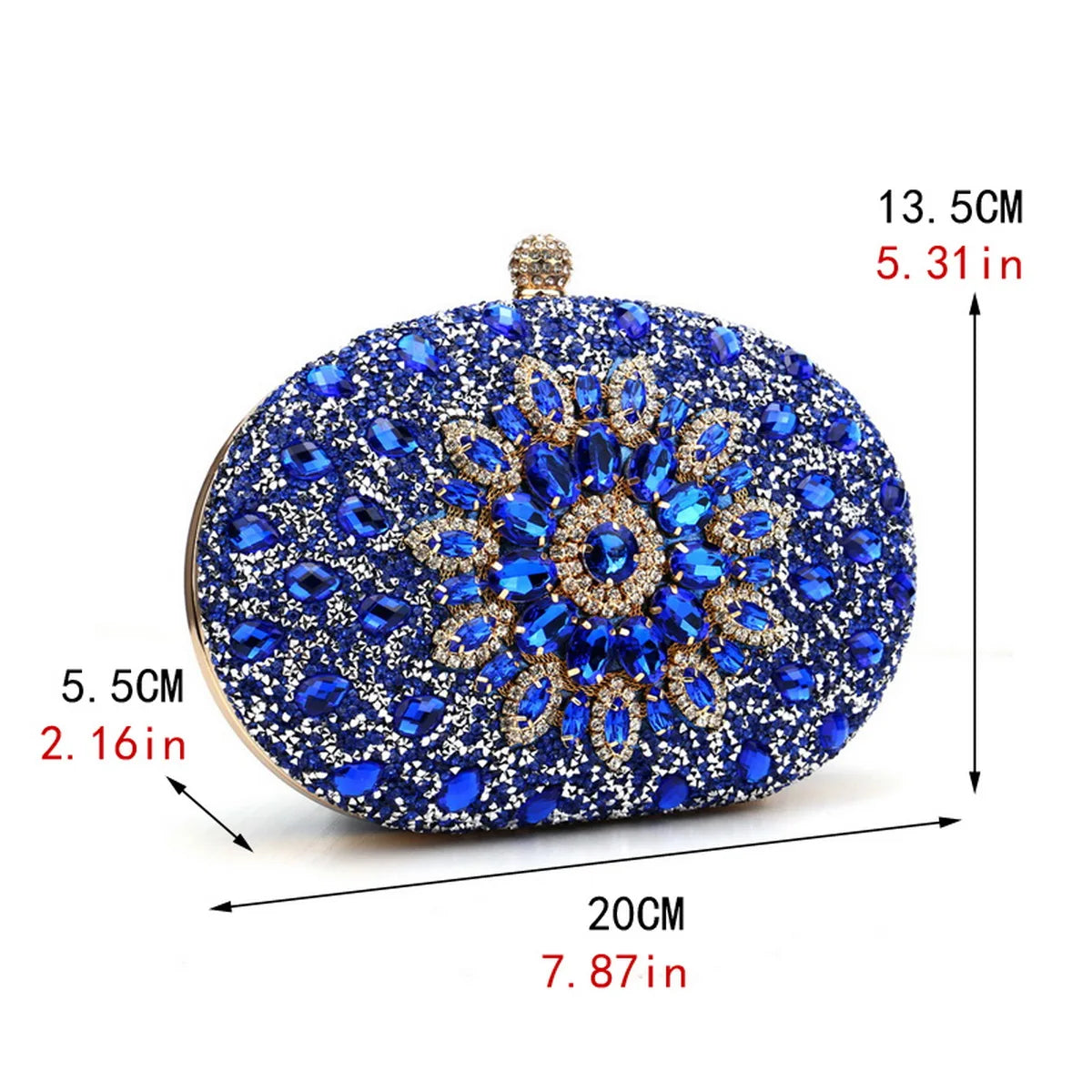 Flower Rhinestone Oval Clutch Purse – Sparkling Acrylic Evening Bag with Detatchable Chain