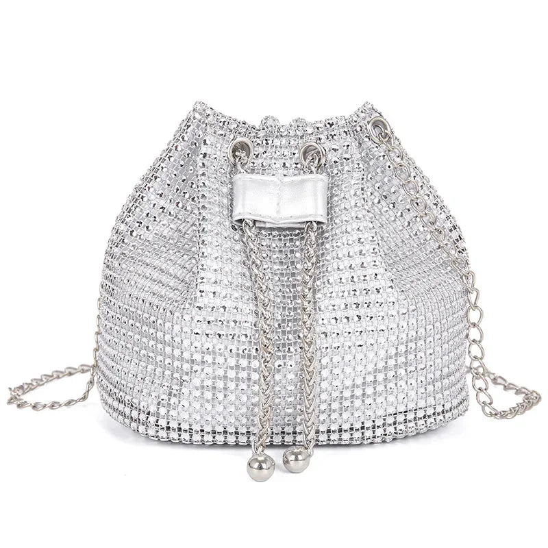 Sparkling Rhinestone Drawstring Bucket Bag – Multi‑Functional Crossbody with Detachable Chain