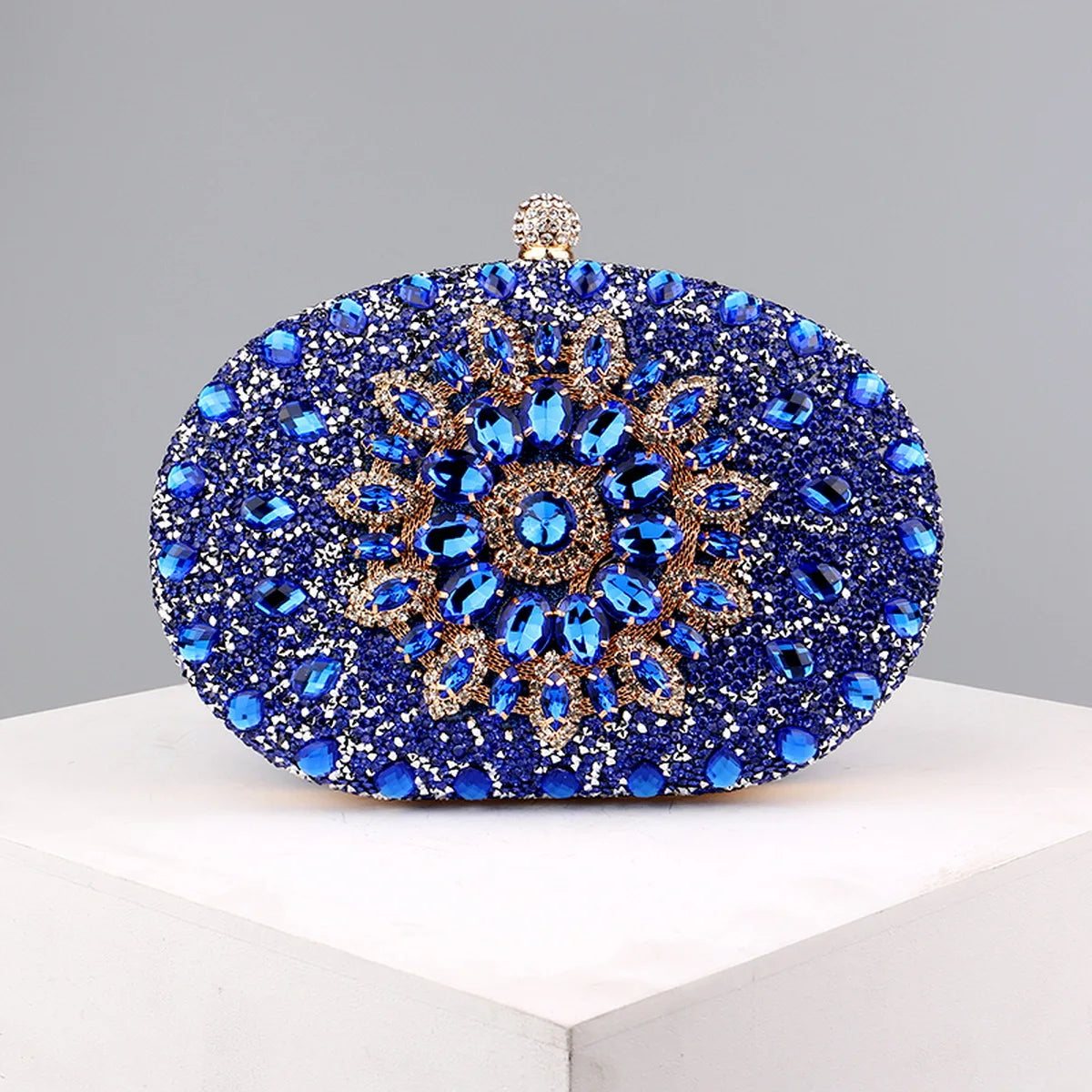 Flower Rhinestone Oval Clutch Purse – Sparkling Acrylic Evening Bag with Detatchable Chain