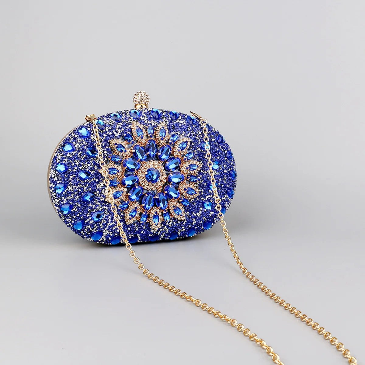 Flower Rhinestone Oval Clutch Purse – Sparkling Acrylic Evening Bag with Detatchable Chain