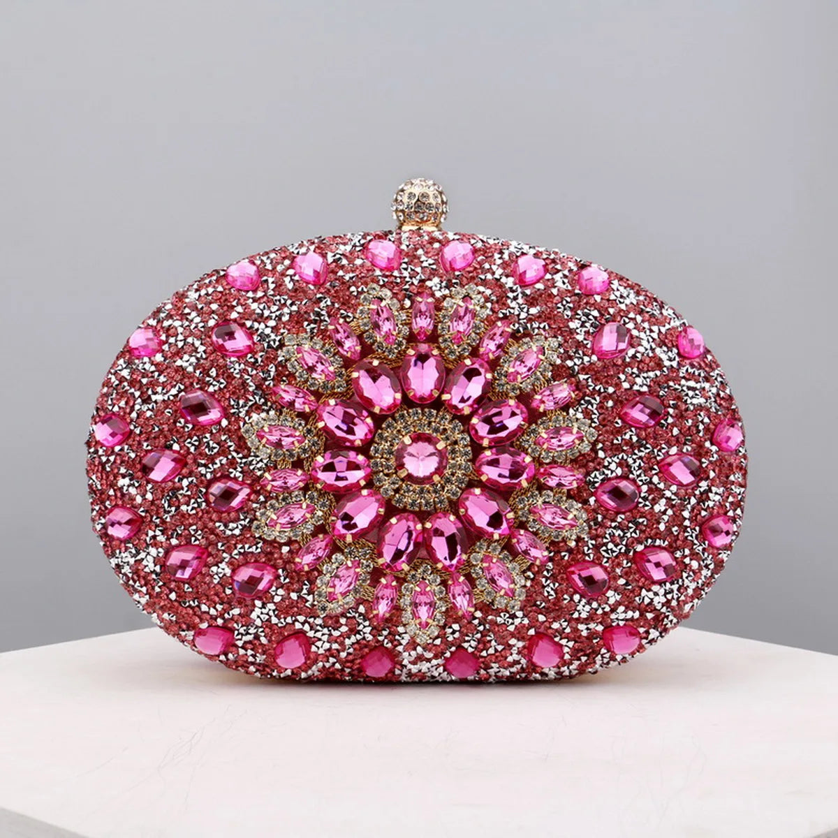 Flower Rhinestone Oval Clutch Purse – Sparkling Acrylic Evening Bag with Detatchable Chain
