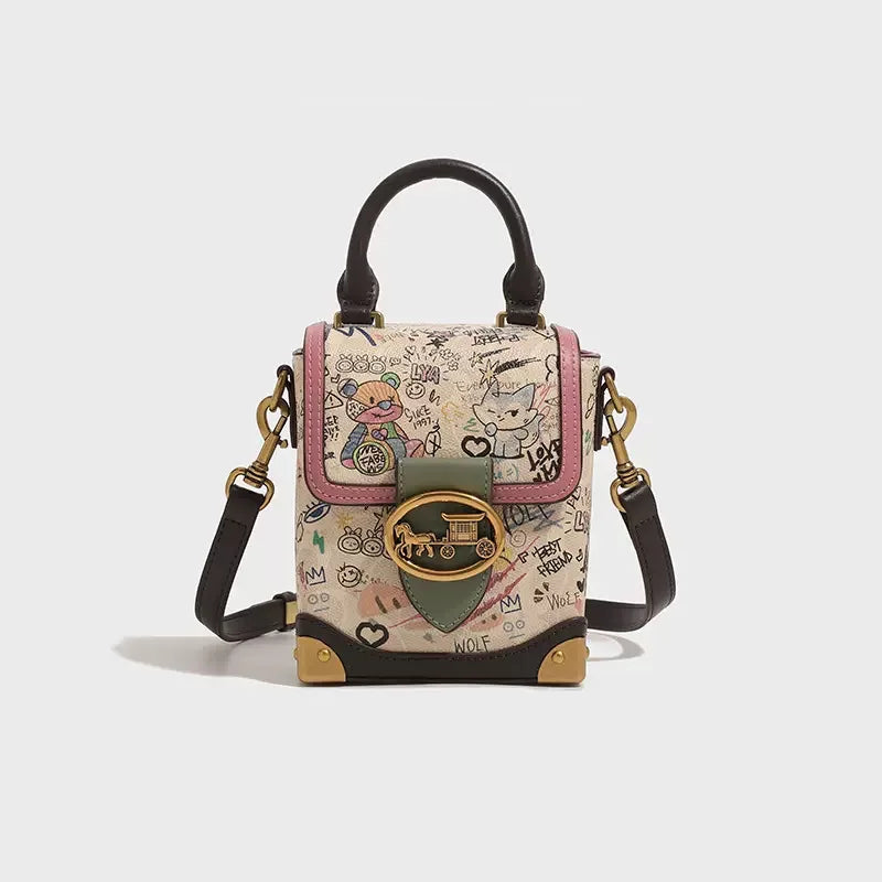Graffiti Print Top Handle Bag - Crossbody Shoulder Bag