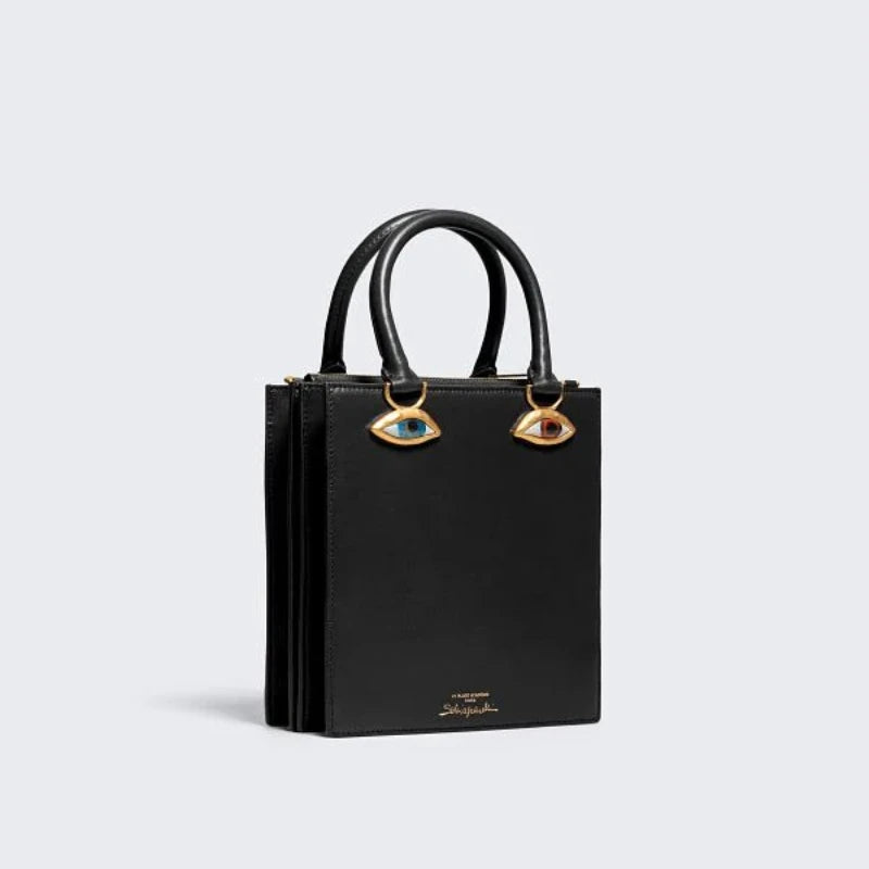 Mini Face Bag – Genuine Black Leather Crossbody with Gold‑Tone Jewellery Details