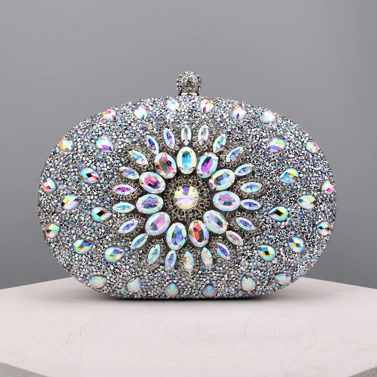 Flower Rhinestone Oval Clutch Purse – Sparkling Acrylic Evening Bag with Detatchable Chain
