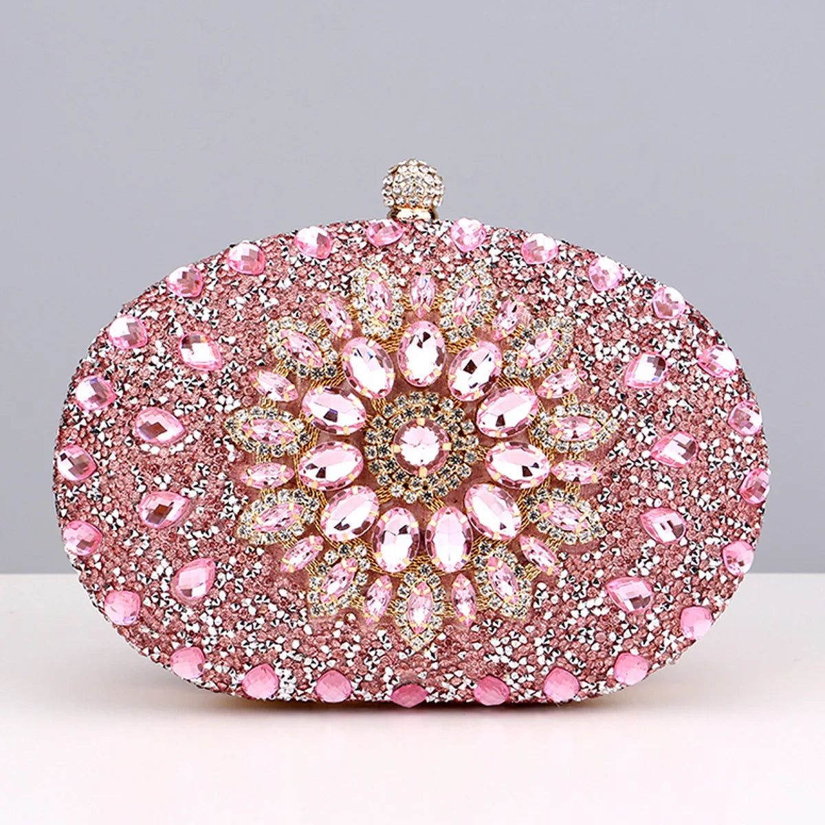 Flower Rhinestone Oval Clutch Purse – Sparkling Acrylic Evening Bag with Detatchable Chain