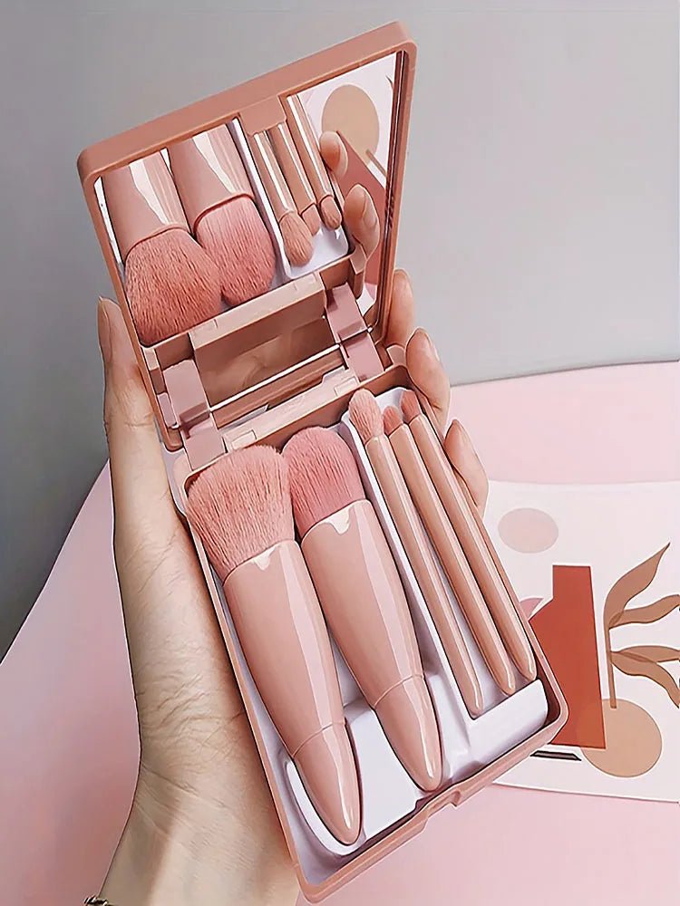 5-Piece Portable Mini Makeup Brush Set with Mirror - Foldable Travel Kit