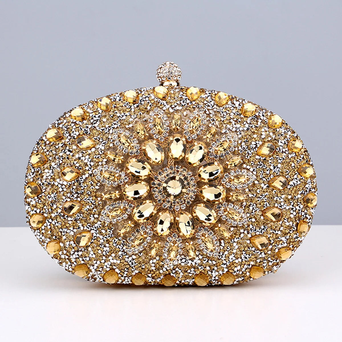 Flower Rhinestone Oval Clutch Purse – Sparkling Acrylic Evening Bag with Detatchable Chain
