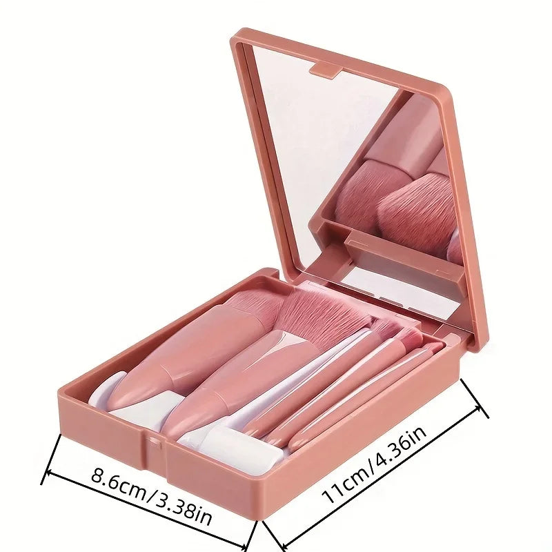 5Pcs Portable Mini Makeup Brush Set With Mirror Foldable Travel Cosmetic Brush Kit for Daily Makeup & Travel Use