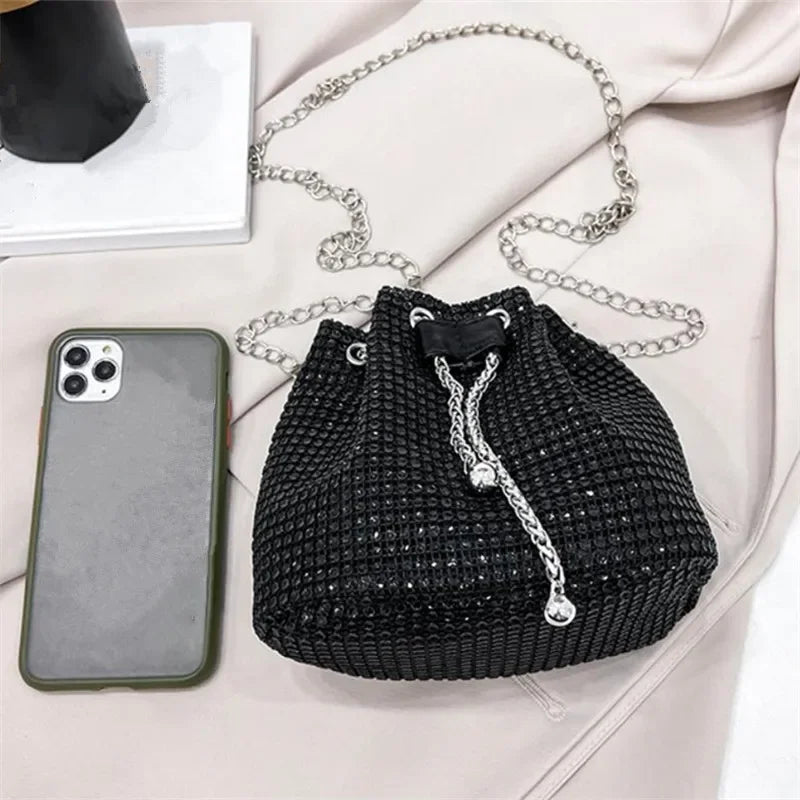 Sparkling Rhinestone Drawstring Bucket Bag – Multi‑Functional Crossbody with Detachable Chain
