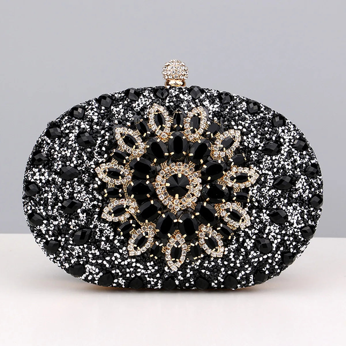 Flower Rhinestone Oval Clutch Purse – Sparkling Acrylic Evening Bag with Detatchable Chain