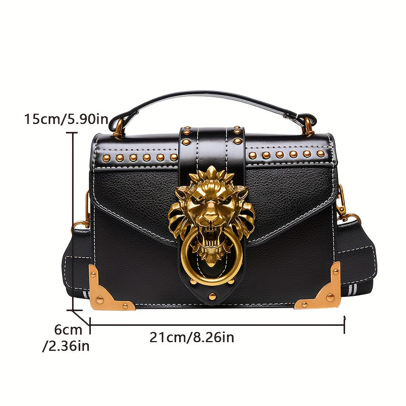 Mini Lion Head Crossbody Bag - Vintage PU Leather Shoulder Bag