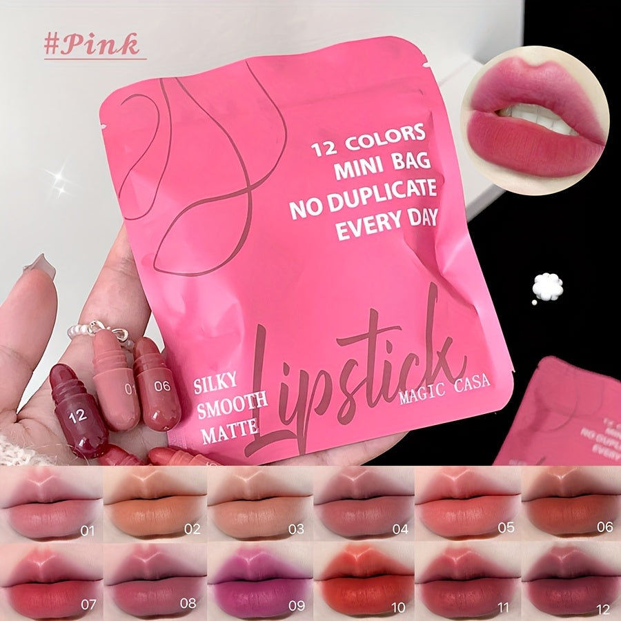 Mini Capsule Lipstick Set - 12 Soft Matte Colours in Pink, Red & Brown