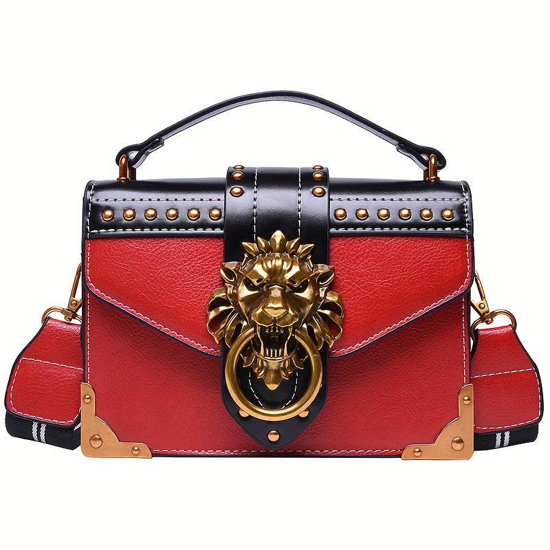 Mini Lion Head Crossbody Bag - Vintage PU Leather Shoulder Bag